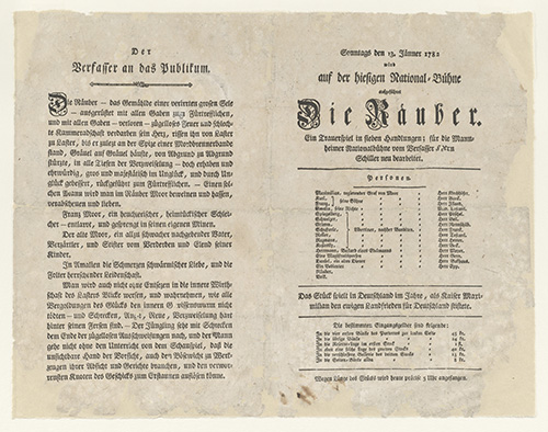 Theaterzettel zur Uraufführung der »Räuber« in Mannheim am 13. Januar 1782. Foto: DLA Marbach.